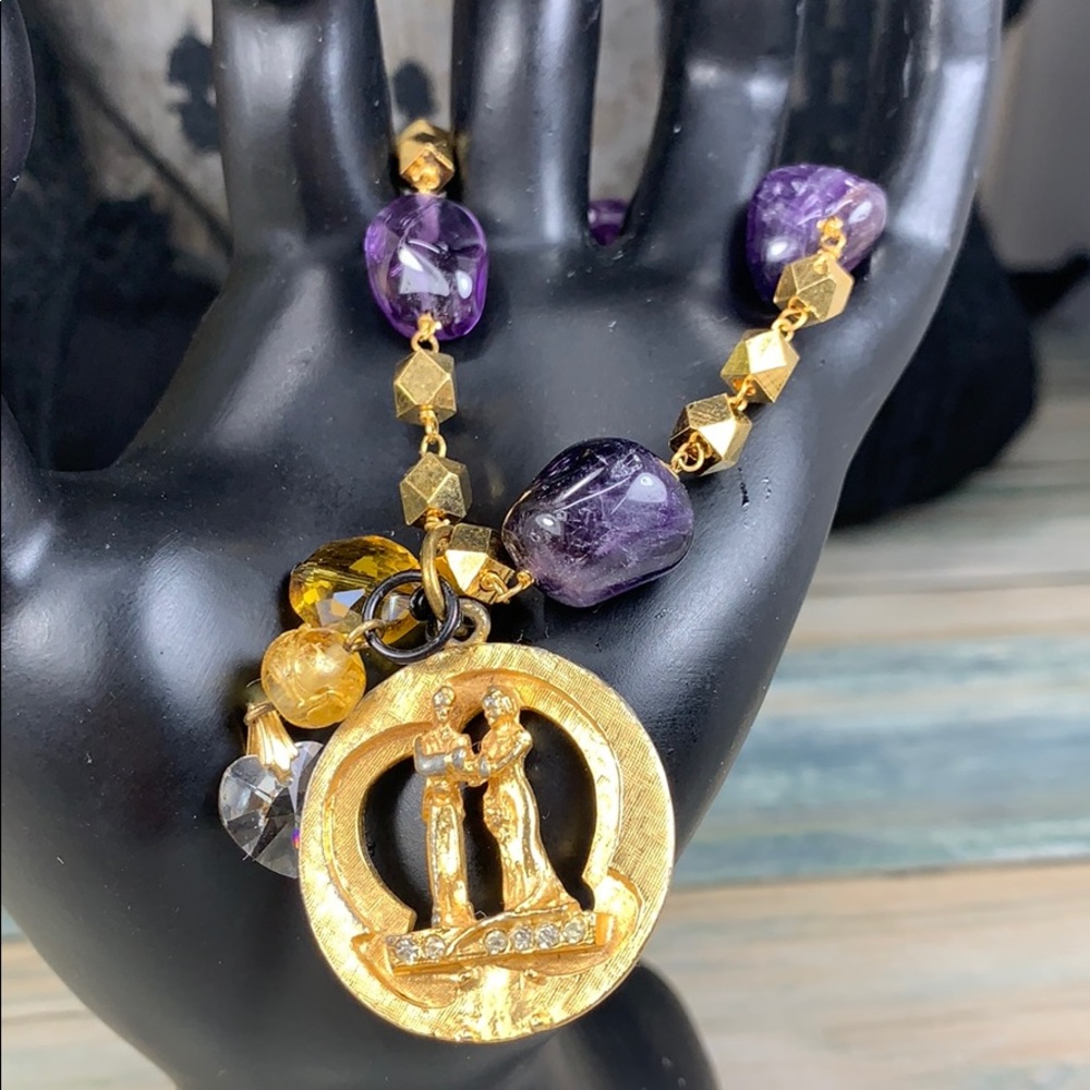 ⭐️Adorned Crown artisan assemblage amethyst bead couple charm bracelet